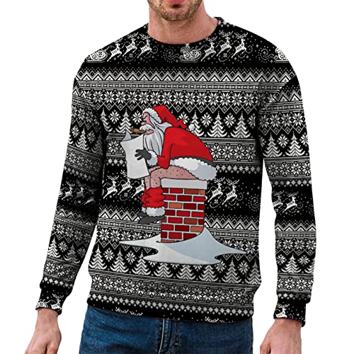 Weihnachtspullover Herren Warm Lustig Christmas Sweater Casual Winterpullover Strickpullover Elastisch Weihnachtsmann Druck Rundhals Warme Strickpulli für Weihnachten (01 Schwarz, L) von Generic