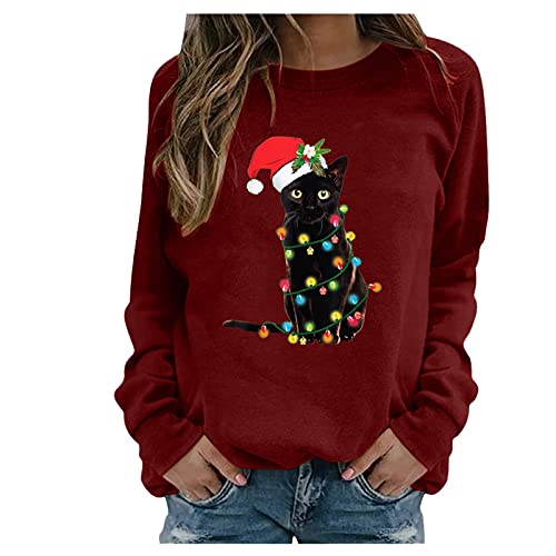 Weihnachtspullover Katze Damen Lustig, Winter Weihnachtspulli Damen Langarm, Rundhals Strickpullover Damen Lose Ugly Christmas Sweater Longsleeve Weihnachtsshirt Warm Weihnachts für Frauen von Generic