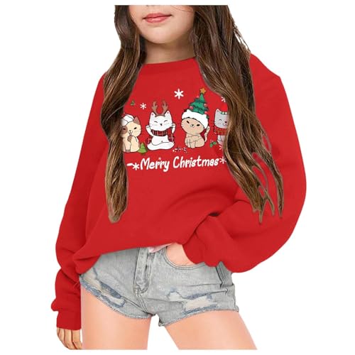 Weihnachtspullover Kinder Mädchen Weihnachten Sweatshirt Pullover Lässiges Weihnachtsshirt für Mädchen mit süßem Katzen-Grafik Weihnachtspulli Weihnachtsoutfit Weihnachtskleidung von Generic
