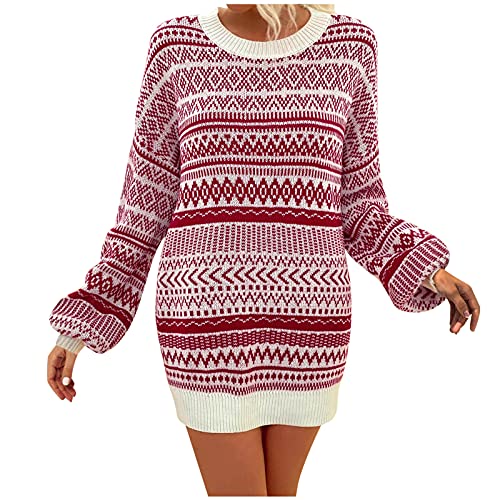 Weihnachtspullover Kleid Damen Langarm Grobstrick Pulloverkleid Norweger-Muster Strickpullover Herbst Winter Rundhals Sweatkleid Sexy Minikleid Weihnachtskleid Partykleid von Generic