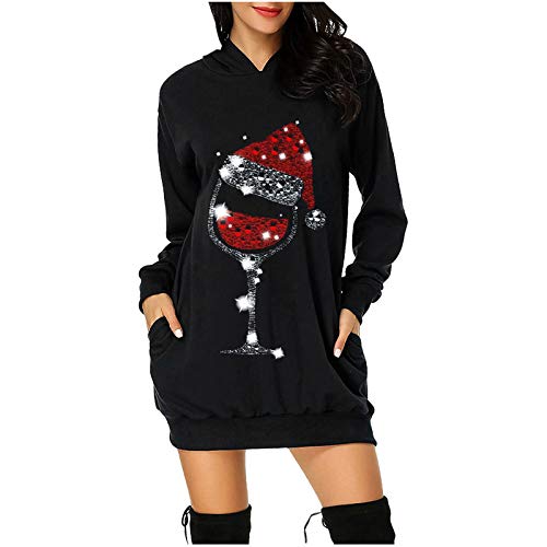 Weihnachtspullover Kleider Damen Rot Weinglas Lang Kapuzenpullover Weihnachten Pullover Sweatshirt Weihnachts Hoodie Lang Baumwolle Sweatkleid Weihnachtskleid Weihnachtspulli Christmas Sweater Frauen von Generic