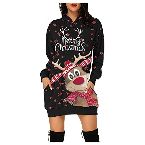 Weihnachtspullover Kleider Damen Rot Weinglas Lang Kapuzenpullover Weihnachten Pullover Sweatshirt Weihnachts Hoodie Lang Baumwolle Sweatkleid Weihnachtskleid Weihnachtspulli Christmas Sweater Frauen von Generic