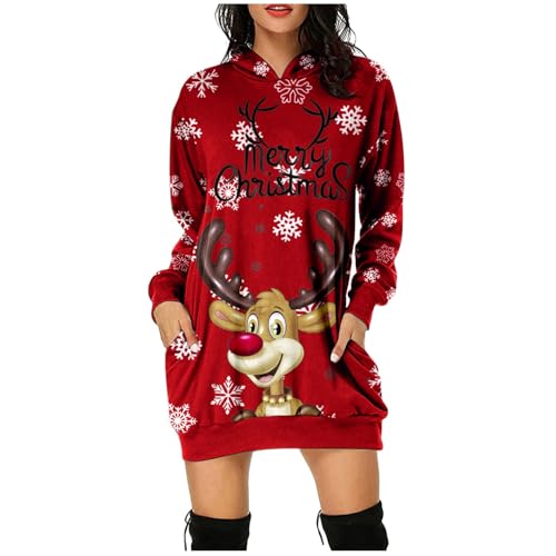 Weihnachtspullover Kleider Damen Rot Weinglas Lang Kapuzenpullover Weihnachten Pullover Sweatshirt Weihnachts Hoodie Lang Baumwolle Sweatkleid Weihnachtskleid Weihnachtspulli Christmas Sweater Frauen von Generic