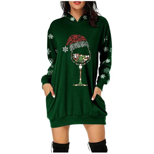 Weihnachtspullover Kleider Damen Rot Weinglas Lang Kapuzenpullover Weihnachten Pullover Sweatshirt Weihnachts Hoodie Lang Baumwolle Sweatkleid Weihnachtskleid Weihnachtspulli Christmas Sweater Frauen von Generic