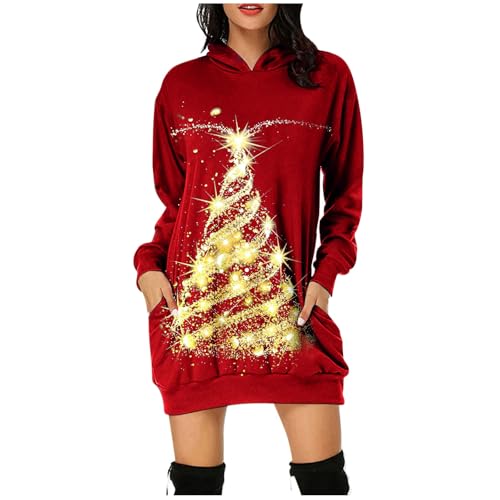 Weihnachtspullover Kleider Damen Rot Weinglas Lang Kapuzenpullover Weihnachten Pullover Sweatshirt Weihnachts Hoodie Lang Baumwolle Sweatkleid Weihnachtskleid Weihnachtspulli Christmas Sweater Frauen von Generic