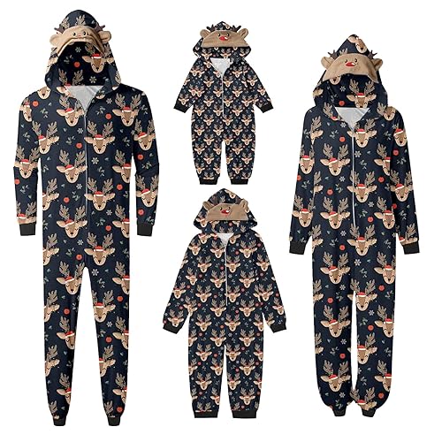 Weihnachtsschlafanzüge Jumpsuit Weihnachts Pyjama Set Damen Herren Kinder Kuschelig Hoodie mit Reißverschluss Kapuze Schlafanzug Einteiler Nachtwäsche Overall für die ganze Familie Chrismas Herren von Generic
