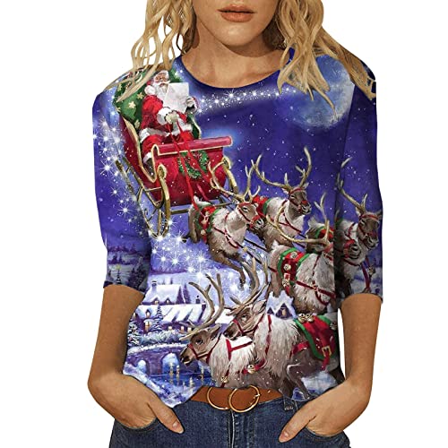 Weihnachtsshirt Damen 3/4 Ärmel Casual Frauen 3/4 Arm Lang Shirts Weihnachtsschneeflocke Drucken Tshirts Langarm Weihnachtspullover Weihnachtsbluse Christmas Tree Langarmshirt Oberteil Sweatshirt von Generic