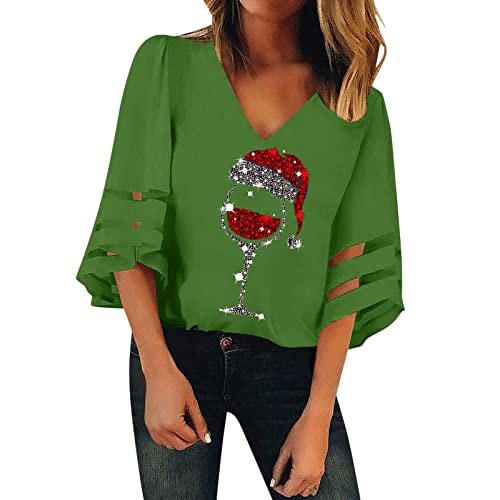 Weihnachtsshirt Damen Lustiges Weinglas Muster Weihnachtsbluse Damen Elegant T-Shirt V-Ausschnitt Weihnachten Shirt Pullover Lustig Weinglas Casual Merry Christmas Tunika Bluse Oberteile Tops T-Shirt von Generic