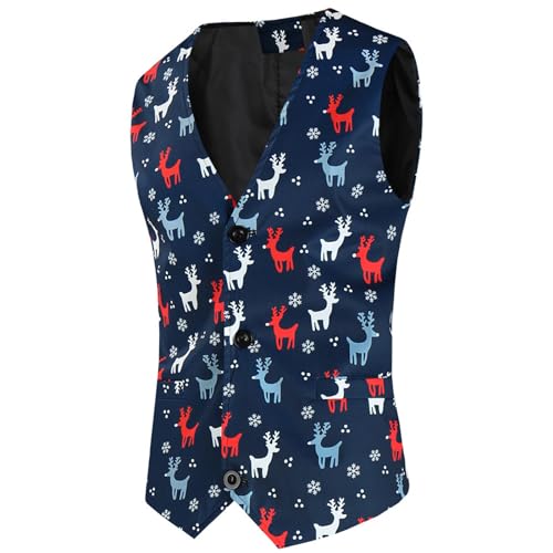 Weihnachtsweste Herren Weihnachten Anzugweste Lustig Weste Christmas Festlich Santa Party Hochzeit Ärmellose Slim Fit Fischgrätweste Anzug Weste Weihnachten Westen Weihnachten (01 Dunkelblau, L) von Generic