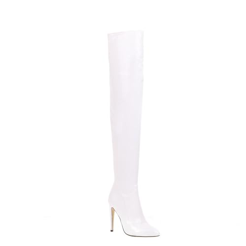 Weiß,35 EU,Overknee-Stiefel für Damen, 11,4 cm, Stilettos, High Heels, Lackleder, PU, Lange Spitze Zehenpartie, hohe Stiefel, Abendschuhe von Generic