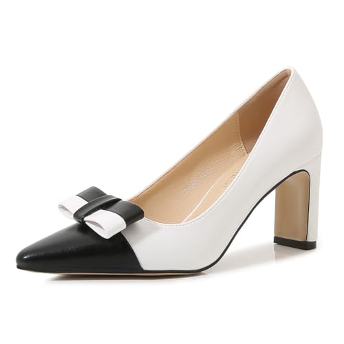 Weiß,36 EU,Damen-Pumps mit spitzer Zehenpartie und Blockabsatz, klobige High Heels zum Hineinschlüpfen mit Schleife, Colorblock-Abendschuhe für Hochzeitsfeiern Weiß,36 EU,Damen-Pumps mit spitzer Zehenpartie und Blockabsatz, klobige High Heels zum Hineinschlüpfen mit Schleife, Colorblock-Abendschuhe für Hochzeitsfeiern von Generic