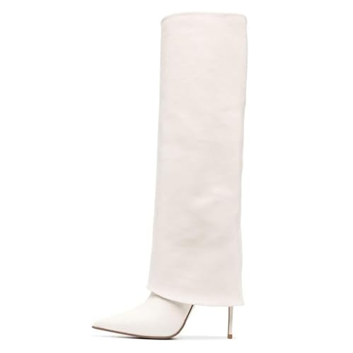 Weiß,36 EU,Damen-Stiefel mit Umschlag, Stiletto-Absatz, hohe Stiefel, Spitze Zehenpartie, breite Wade, Lange Stiefel, modische Herbst-Winter-Abendschuhe von Generic