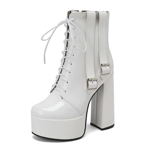 Weiß,37 EU,Damen-Stiefeletten aus Lackleder und PU mit runder Zehenpartie und Plateausohle, mit Absatz und doppelter Gürtelschnalle, bequemer hoher Blockabsatz von Generic