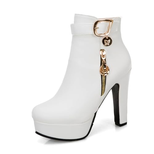 Weiß,38 EU,Damen Plateau-Stiefeletten mit hohem, klobigem Blockabsatz und runder Zehenpartie, modische Herbststiefeletten mit Absatz und Gürtelschnalle von Generic