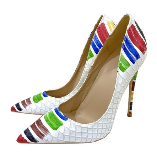 Weiß,38 EU,Damen Pumps 12 cm/4,7 Zoll Stiletto Heels Pumps Spitzschuh Lackleder Slip On High Heel Colorblock Abend Party Abendschuhe von Generic