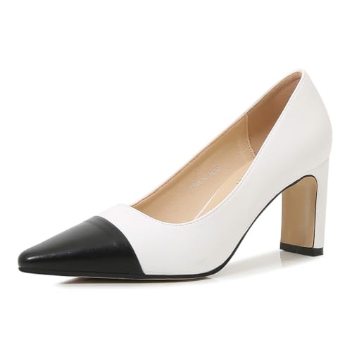 Weiß,38 EU,Damen-Pumps mit spitzer Zehenpartie und Blockabsatz, zum Hineinschlüpfen, klobige High Heels, Colorblock, Klassische Abendschuhe für Hochzeitsfeiern Weiß,38 EU,Damen-Pumps mit spitzer Zehenpartie und Blockabsatz, zum Hineinschlüpfen, klobige High Heels, Colorblock, Klassische Abendschuhe für Hochzeitsfeiern von Generic