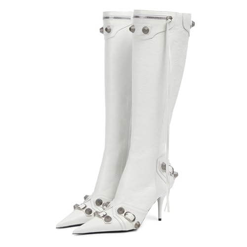 Weiß,40 EU,Kniehohe Stiefel für Damen, Spitze Zehenpartie, Stilettoabsatz, seitlicher Reißverschluss und Overknee-Stiefel mit Nieten, hohe Stiefel für Herbst und Winter, Elegante Schuhe von Generic