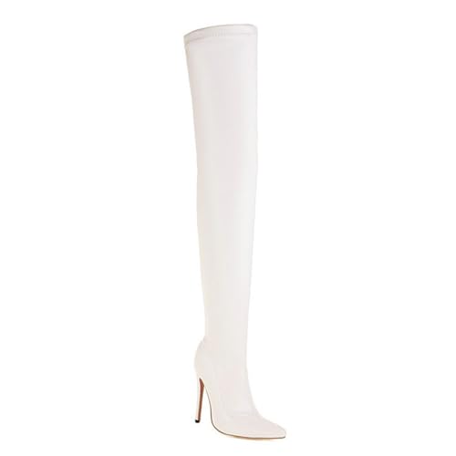 Weiß,40 EU,Overknee-Stiefel für Damen, Stiletto-Absatz, Spitze Zehenpartie, Lange Stiefel, seitlicher Reißverschluss, hohe Stiefel aus Leder und PU, Party-Abendschuhe von Generic
