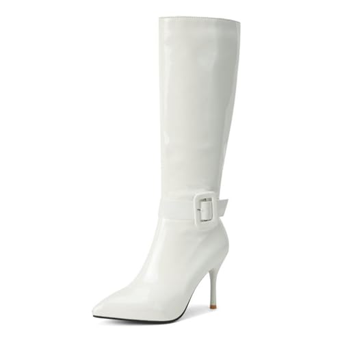 Weiß,41 EU,Kniehohe Stiefel für Damen mit Reißverschluss, spitzer Zehenpartie, Stiletto-Absatz, Kunstleder, Overknee-Stiefel mit Schnallenriemen, Party-Kleid-Schuhe von Generic
