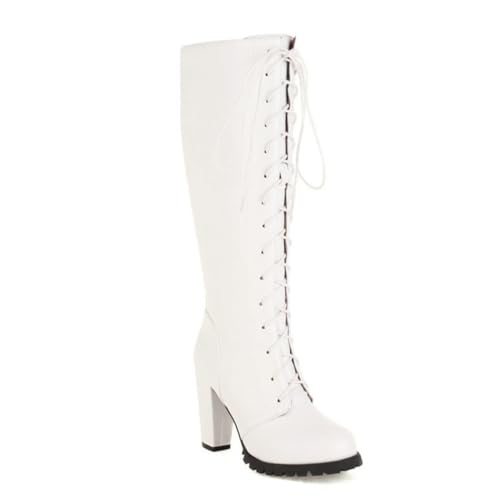 Weiß,42 EU,Kniehohe Stiefel zum Schnüren für Damen, runde Zehenpartie, klobiger Blockabsatz, hoher Stiefel aus Leder und PU, Langer Stiefel, Herbst-Winter-Party-Stil, Elegante Schuhe von Generic