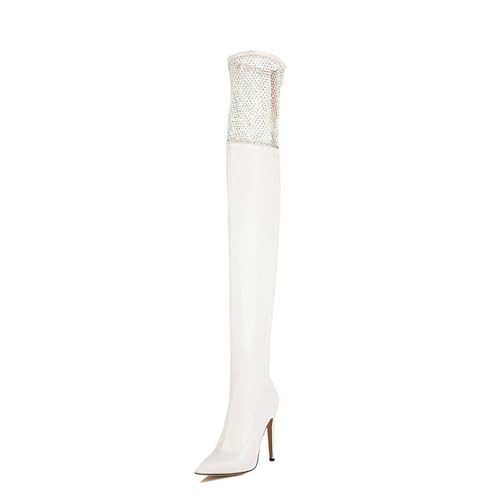 Weiß,45 EU,Lange Stiefel mit Netznähten für Damen, Spitze Zehenpartie, Stiletto-Absätze, Overknee-Stiefel zum Überziehen, Party-Abendschuhe von Generic