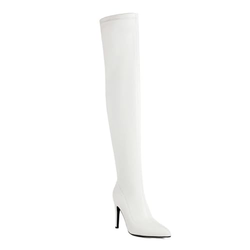 Weiß,46 EU,Overknee-Stiefel für Damen, seitlicher Reißverschluss, Spitze Zehenpartie, Stiletto-Absätze, Kunstleder, Stretch, Reitstiefel, Overknee-Stiefel, Party- und Abendschuhe von Generic