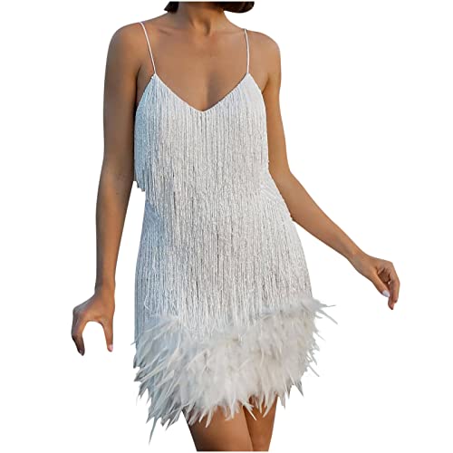 Weiß Kleid Kurz Abendkleid Damen Fransen Ballkleid Paillettenkleid Einfarbig Abschlusskleid Party Club Kleid Cocktailkleid Kleider Hochzeit Fransenkleid Trägerlose Festliche Kleider von Generic