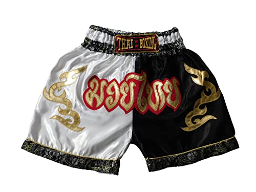 Weiß Schwarz Sportliche Junior Short für Muay Thai Boxen - Ideale Kickboxen Hose für Jungen und Mädchen (Kinder)- Perfekt für Gym, Sport und Fitness von Generic