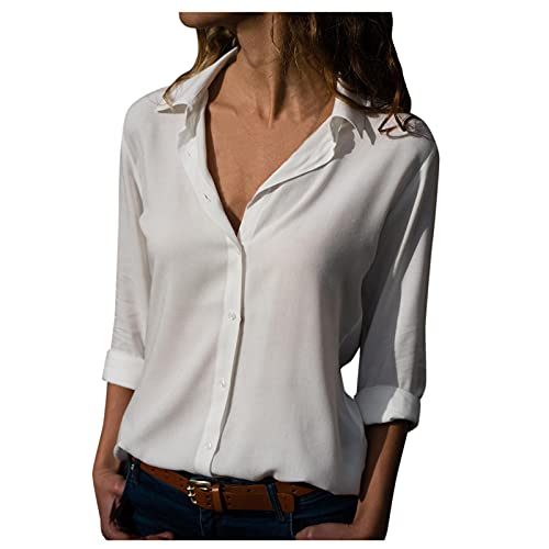 Weiße Bluse Damen Bügelfrei, Longbluse Damen Sommer Blusen Sommer Tunika Bluse Langarm Sommerbluse Elegant Musselin Bluse T-Shirts Locker T Shirt V-Ausschnitt Button Down T Shirts/Hemden von Generic