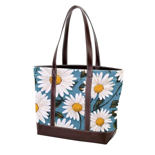 Weiße Gänseblümchen-287 modische gewaschene strapazierfähige Ledergeldbörse für Damen, mit Tragegriff oben, mit Taschen, Reißverschluss, Mehrfarbig 09, 33.8x12x31cm/13.3x4.7x12.2 in von Generic