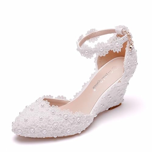 Weiße Hochzeitsschuhe Aus Spitze Damen-Spitzenkeilschuhe Brautperlenkeile 7Cm High Heels Mit Keilabsatz Und Spitzer Zehenpartie,Weiß,39 EU Weiße Hochzeitsschuhe Aus Spitze Damen-Spitzenkeilschuhe Brautperlenkeile 7Cm High Heels Mit Keilabsatz Und Spitzer Zehenpartie,Weiß,39 EU von Generic