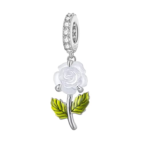 Weiße Rose Charm Anhänger 925 Sterling Silber Frauen Charm Persönlichkeit Blume Perlen Geeignet für Armbänder und Halsketten, Sterling-Silber Harz, Nein von Generic