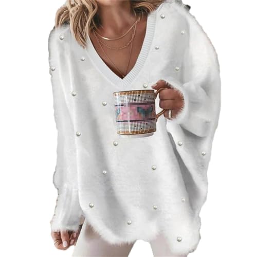 Weiße Sexy Perle Perlen Weiche Fleece Pullover V-Ausschnitt Lose Top Herbst Winter Langarm Unregelmäßige Pullover, 01 weiß, XL Weiße Sexy Perle Perlen Weiche Fleece Pullover V-Ausschnitt Lose Top Herbst Winter Langarm Unregelmäßige Pullover, 01 weiß, XL von Generic