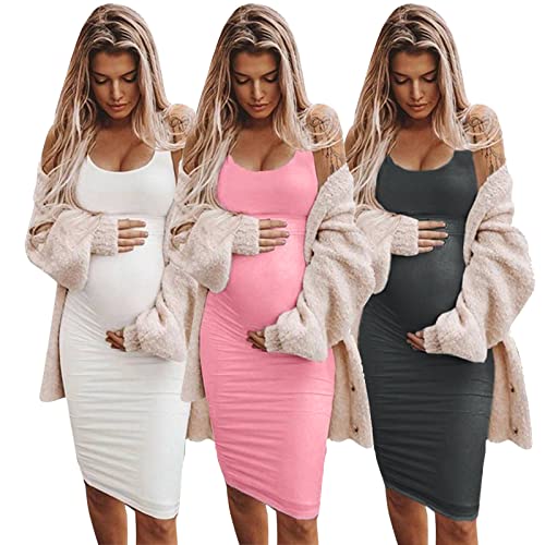 Weiße Sommerkleider für Damen 2023 Damen Umstandsmode Casual Ärmellos Einfarbig Rundhals Tankkleid Schwangerschaft Sexy Bodycon Kleider 3er-Pack Schwangerschaftskleidung, rose, Medium von Generic