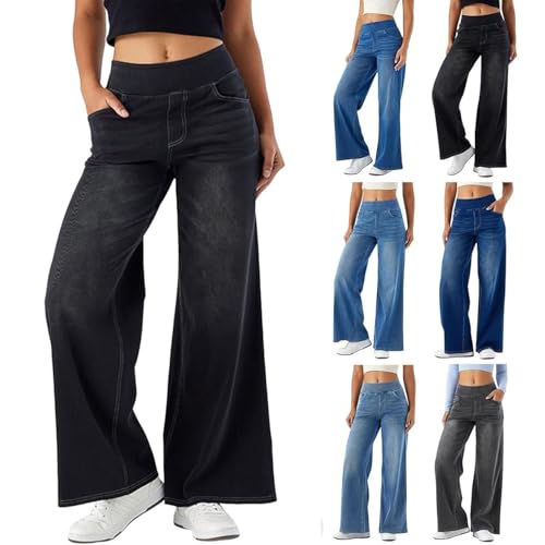 Weite Jeans für Damen, Stretch-Jeans mit hoher Taille und weitem Bein, Baggy-Jeans mit geradem Bein und Bauchkontrolle zum Überziehen mit Taschen (Black,XS) von Generic