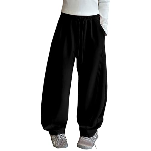 Weites Bein Sweathose Mädchen Baggy Jogginghose Elastischem Bund Jogger Sporthose mit Taschen Y2k Weichheit Freizeithose Lässige KomfortPalazzo Hosen (Black, 8-9 Years) von Generic