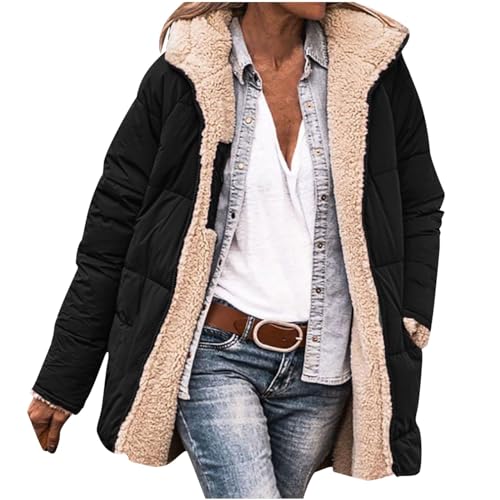 Wendejacke Damen Kurz Einfarbig Steppjacke Mit Kapuze Lässig Reversibel Fleecemantel Warm Gefütterte Winterjacke Reißverschluss Teddyjacke Locker Sherpa Jacke Winterparka Übergangsmantel von Generic