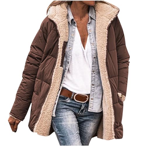 Wendejacke Damen Kurz Einfarbig Steppjacke Mit Kapuze Lässig Reversibel Fleecemantel Warm Gefütterte Winterjacke Reißverschluss Teddyjacke Locker Sherpa Jacke Winterparka Übergangsmantel von Generic