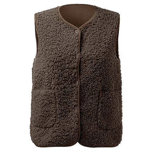 Weste Damen Ärmellose Fleeceweste V-Ausschnitt Knöpfen Fleece Teddy Weste Kurz Leicht Casual Einfarbig Damenweste Herbst Winter Warm Plüschweste 01-Kaffee S von Generic