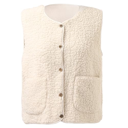 Weste Damen Ärmellose Fleeceweste V-Ausschnitt Knöpfen Fleece Teddy Weste Kurz Leicht Casual Einfarbig Damenweste Herbst Winter Warm Plüschweste 03-Beige L von Generic