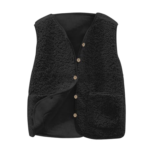 Weste Damen Ärmellose Fleeceweste V-Ausschnitt Knöpfen Fleece Teddy Weste Kurz Leicht Casual Einfarbig Damenweste Herbst Winter Warm Plüschweste 07-Schwarz XXL Weste Damen Ärmellose Fleeceweste V-Ausschnitt Knöpfen Fleece Teddy Weste Kurz Leicht Casual Einfarbig Damenweste Herbst Winter Warm Plüschweste 07-Schwarz XXL von Generic