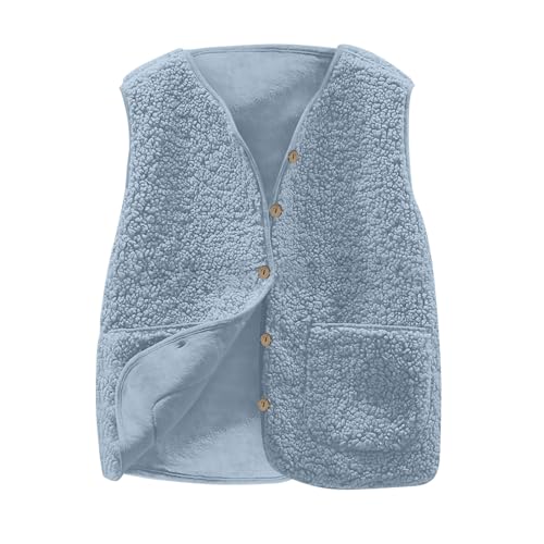 Weste Damen Ärmellose Fleeceweste V-Ausschnitt Knöpfen Fleece Teddy Weste Kurz Leicht Casual Einfarbig Damenweste Herbst Winter Warm Plüschweste 11-Himmelblau XXL von Generic