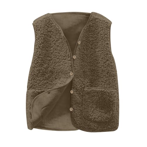 Weste Damen Ärmellose Fleeceweste V-Ausschnitt Knöpfen Fleece Teddy Weste Kurz Leicht Casual Einfarbig Damenweste Herbst Winter Warm Plüschweste 15-Kaffee M von Generic
