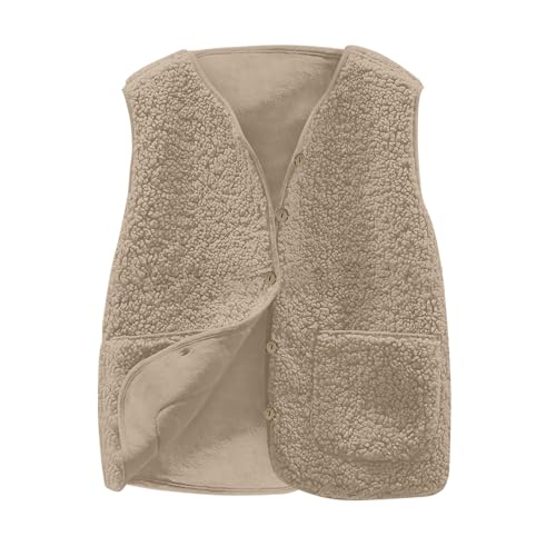 Weste Damen Ärmellose Fleeceweste V-Ausschnitt Knöpfen Fleece Teddy Weste Kurz Leicht Casual Einfarbig Damenweste Herbst Winter Warm Plüschweste 16-Khaki 3XL von Generic