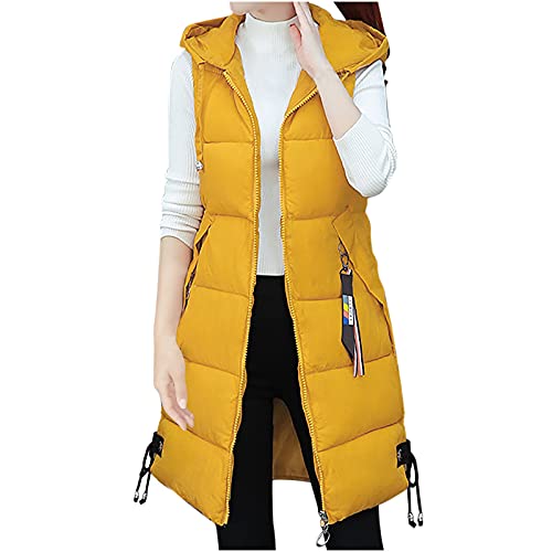 Weste Damen Elegant Vintage Wintermantel Daunenweste Ärmellos Steppweste Mantel Lang Longweste Pufferjacke Streetwear Winterweste Fahrradweste Gelb XL von Generic