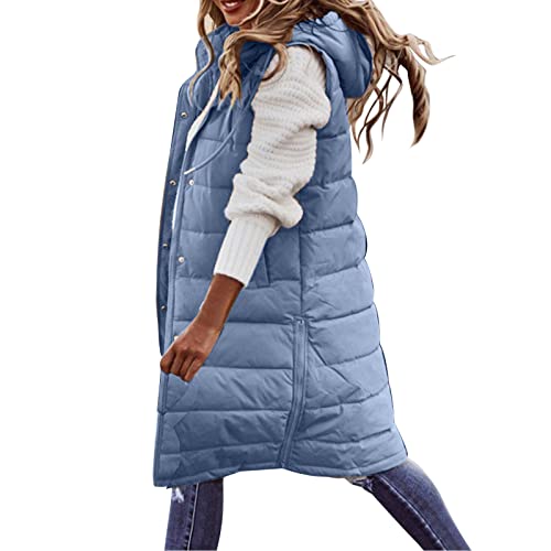 Weste Damen Winter Einfarbig Steppweste mit Kapuze Wintermantel Casual Lose Winterjacke Ärmellose Steppjacke Weste Mantel Jacke Bequem Warm Mantel Damenmantel(E Blau,S) von Generic
