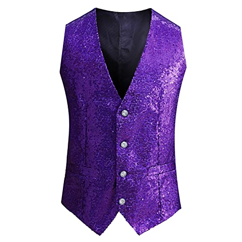 Weste Herren Pailletten 70er Ärmellos Glitzer Weste Mantel Disco Karneval Kostüm Rave Outfit Paillettenweste Glänzend V Ausschnitt Gilet Anzugweste für Hochzeit und Party Tanzkostüm Pailletten Jacke von Generic