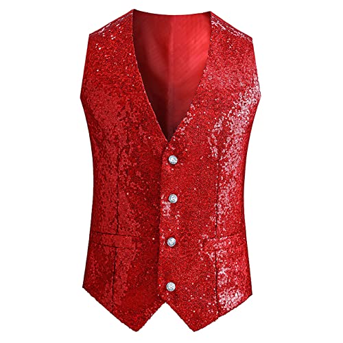 Weste Herren Pailletten 70er Ärmellos Glitzer Weste Mantel Disco Karneval Kostüm Rave Outfit Paillettenweste Glänzend V Ausschnitt Gilet Anzugweste für Hochzeit und Party Tanzkostüm von Generic