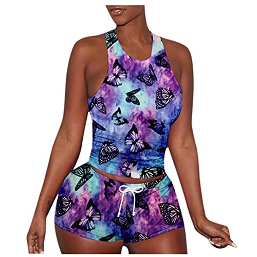 Weste Sport Ärmellos Set Sommer Zwei Yoga Anzug Stück Bedruckte Shorts Damen Damen Anzüge & Sets Sportklamotten Damen (Purple, M) von Generic