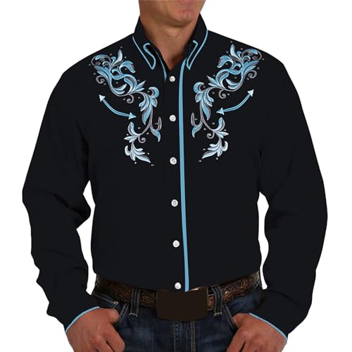 Western Hemd Herren Langarm, Trachtenhemd Herren mit Cowboy Druck-Vintage Westernhemd Rever Einreihiges Hemden Leichtes Sommerhemd Mode Lässig Herrenhemd Freizeithemden für Männer Cowboyhemd von Generic